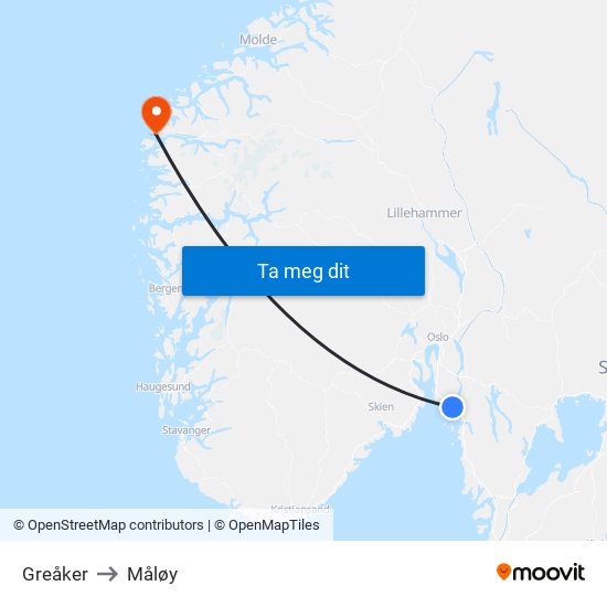 Greåker to Måløy map