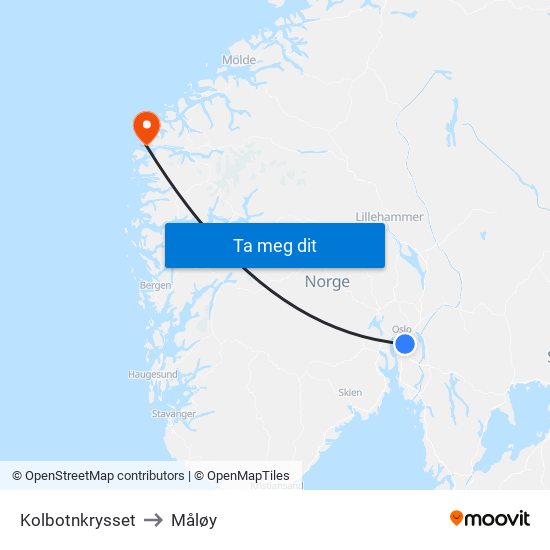 Kolbotnkrysset to Måløy map