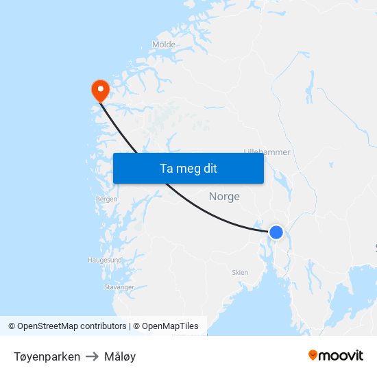 Tøyenparken to Måløy map