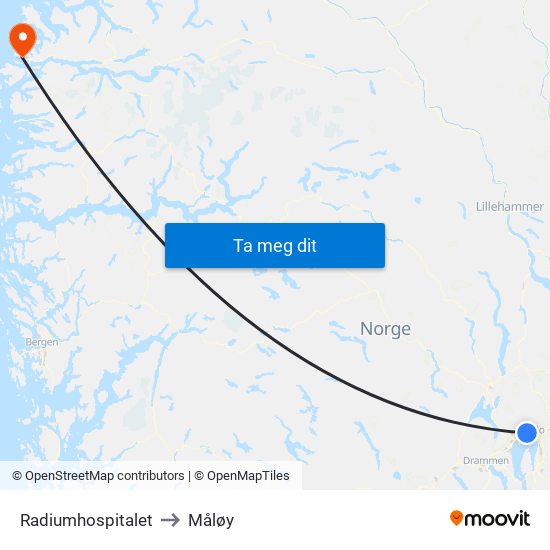 Radiumhospitalet to Måløy map