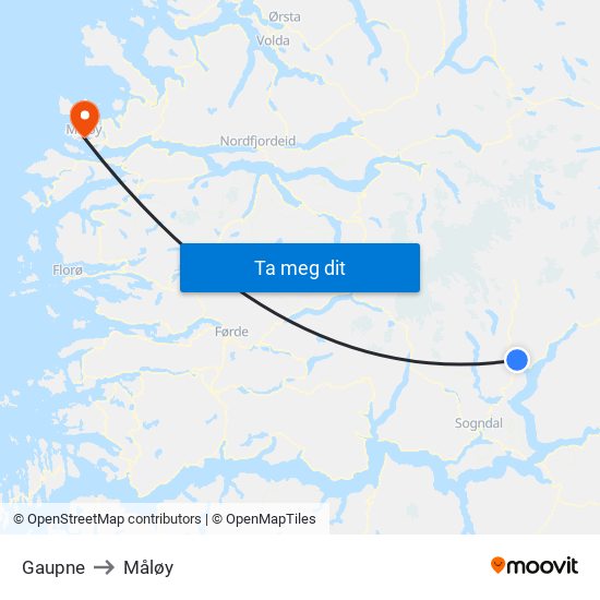 Gaupne to Måløy map