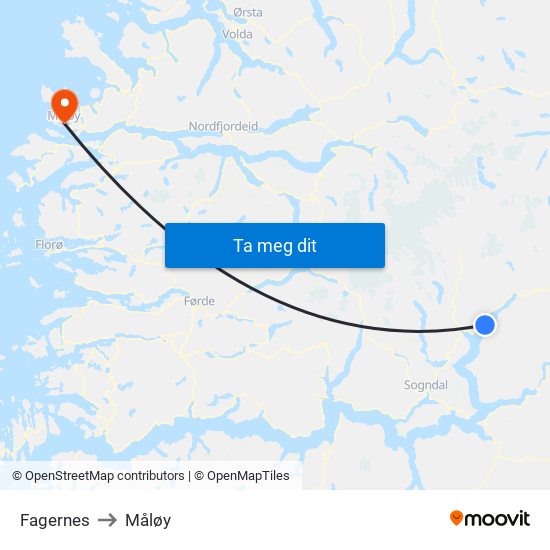 Fagernes to Måløy map