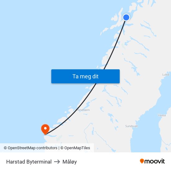 Harstad Byterminal to Måløy map