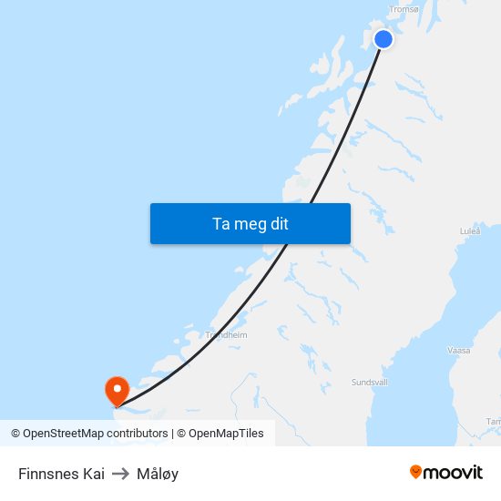 Finnsnes Kai to Måløy map