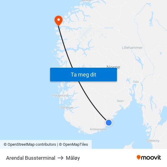 Arendal Bussterminal to Måløy map