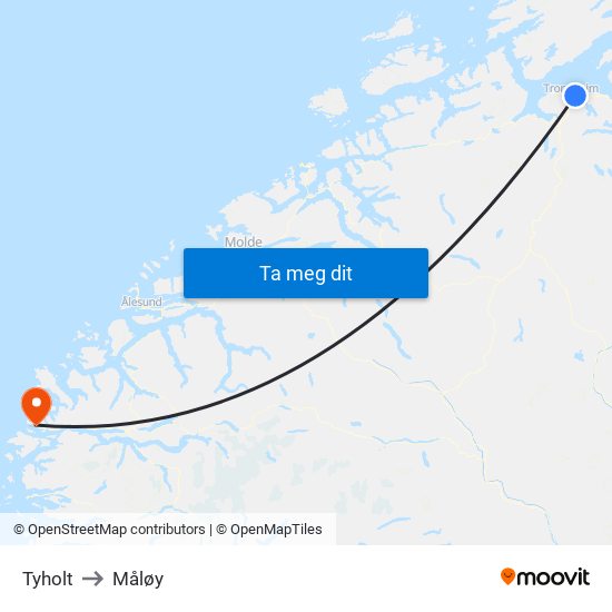 Tyholt to Måløy map