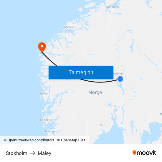 Stokholm to Måløy map