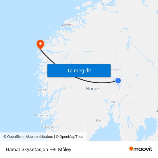 Hamar Skysstasjon to Måløy map