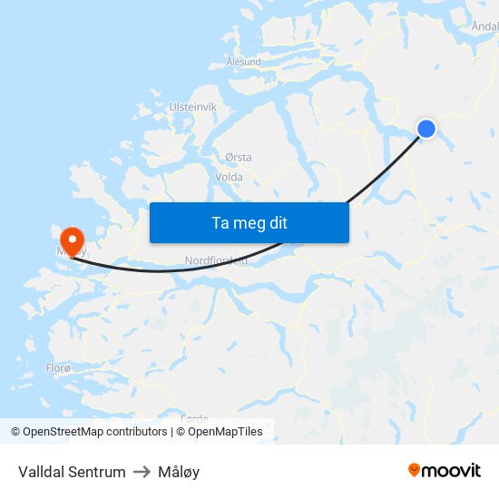 Valldal Sentrum to Måløy map