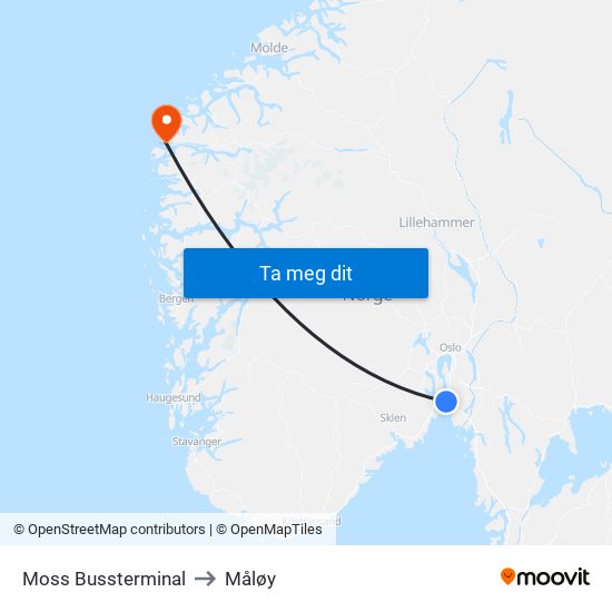 Moss Bussterminal to Måløy map