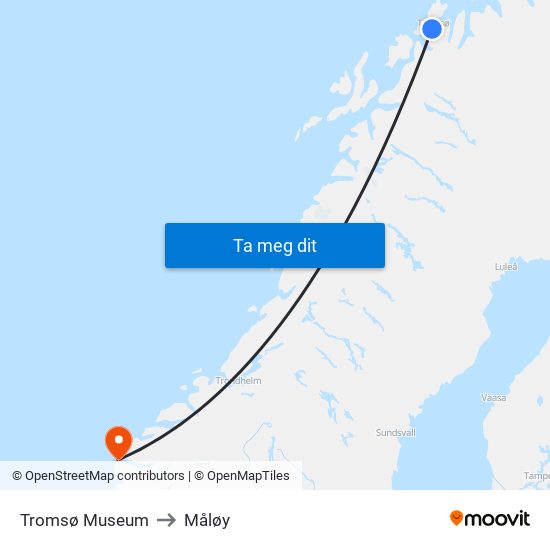 Tromsø Museum to Måløy map