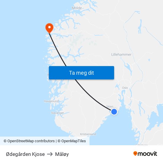 Ødegården Kjose to Måløy map