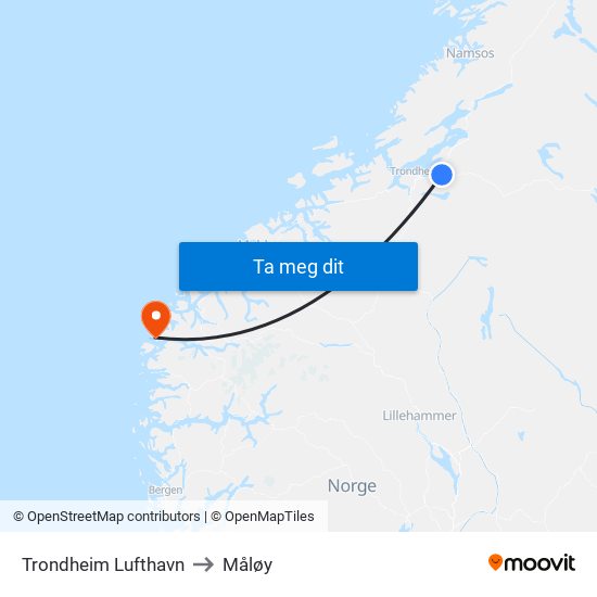 Trondheim Lufthavn to Måløy map