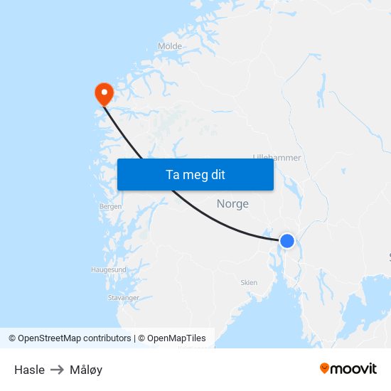 Hasle to Måløy map