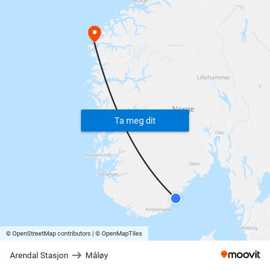 Arendal Stasjon to Måløy map