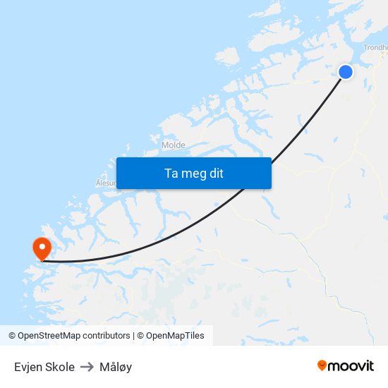Evjen Skole to Måløy map