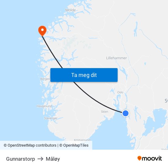 Gunnarstorp to Måløy map