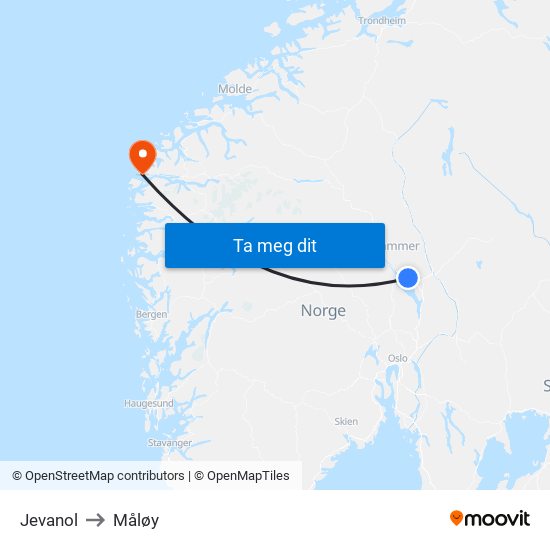 Jevanol to Måløy map