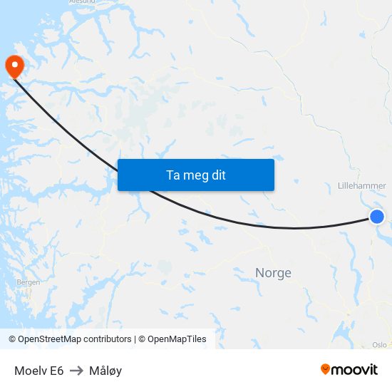 Moelv E6 to Måløy map