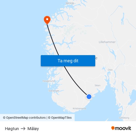 Høgtun to Måløy map