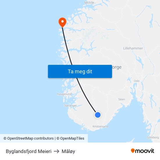 Byglandsfjord Meieri to Måløy map