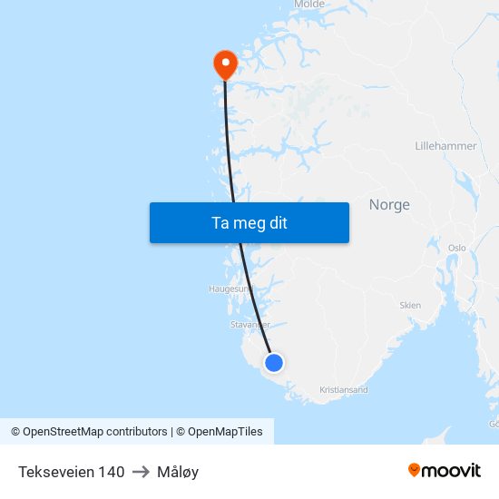 Tekseveien 140 to Måløy map