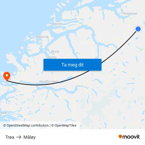 Trøa to Måløy map