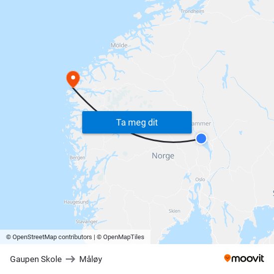 Gaupen Skole to Måløy map