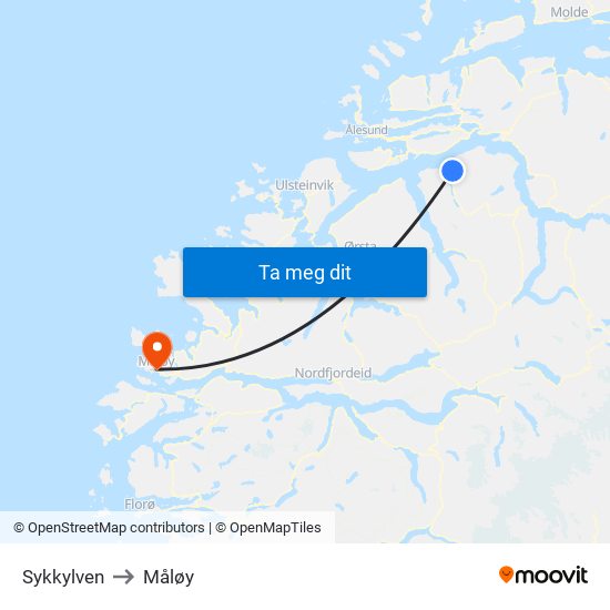 Sykkylven to Måløy map