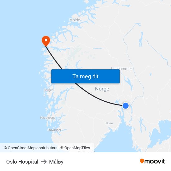 Oslo Hospital to Måløy map