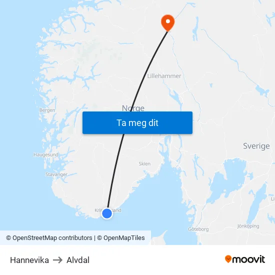 Hannevika to Alvdal map