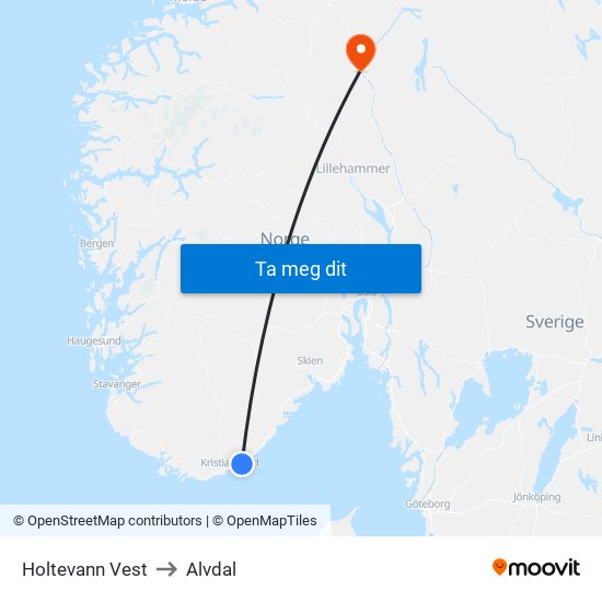 Holtevann Vest to Alvdal map