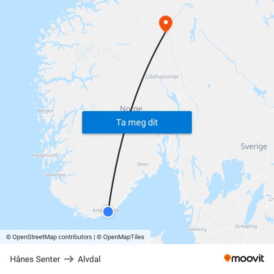 Hånes Senter to Alvdal map