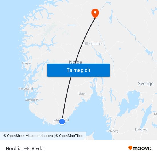 Nordlia to Alvdal map