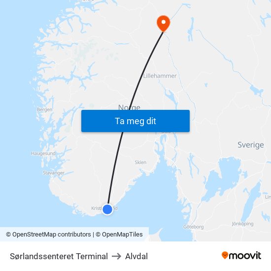 Sørlandssenteret Terminal to Alvdal map