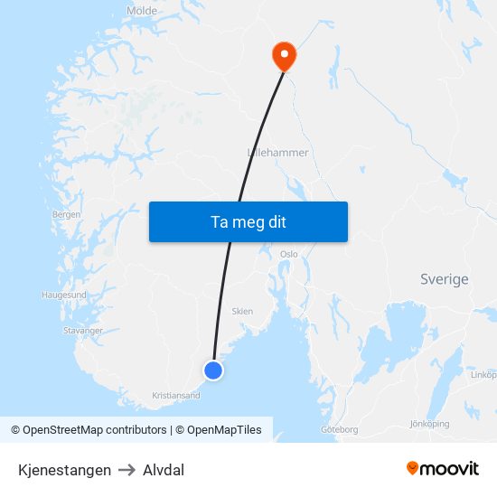 Kjenestangen to Alvdal map