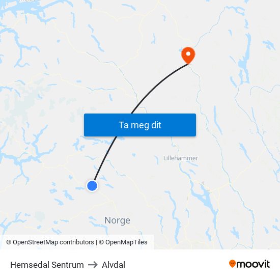 Hemsedal Sentrum to Alvdal map