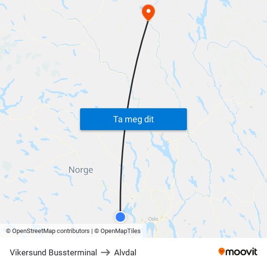 Vikersund Bussterminal to Alvdal map