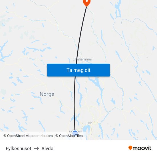 Fylkeshuset to Alvdal map