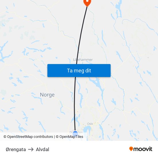 Ørengata to Alvdal map