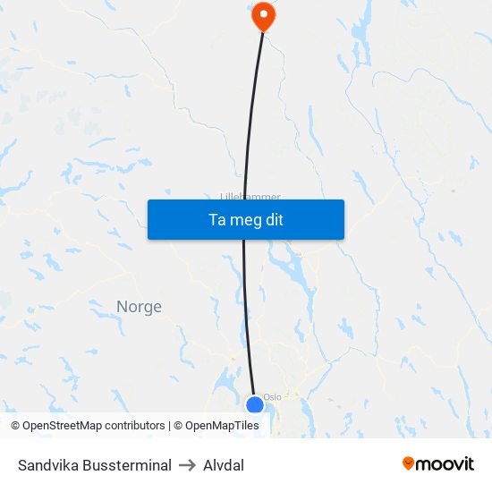 Sandvika Bussterminal to Alvdal map