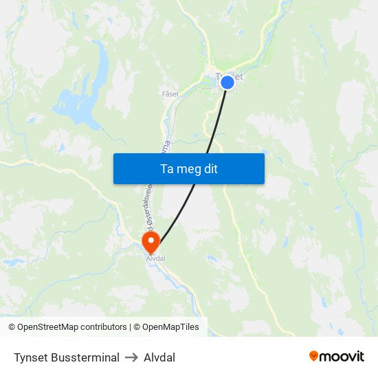 Tynset Bussterminal to Alvdal map