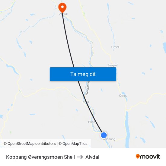 Koppang Øverengsmoen Shell to Alvdal map