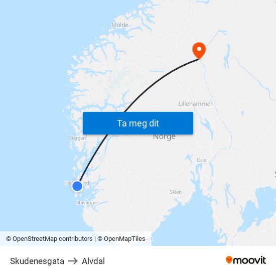 Skudenesgata to Alvdal map