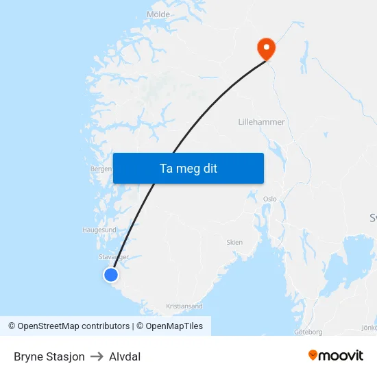 Bryne Stasjon to Alvdal map