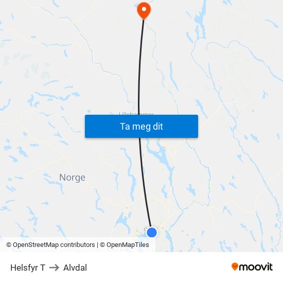 Helsfyr T to Alvdal map