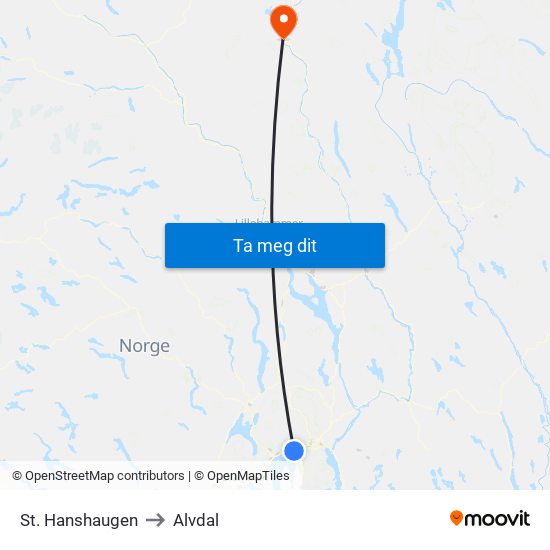St. Hanshaugen to Alvdal map