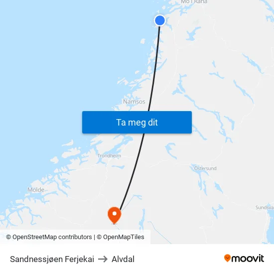 Sandnessjøen Ferjekai to Alvdal map