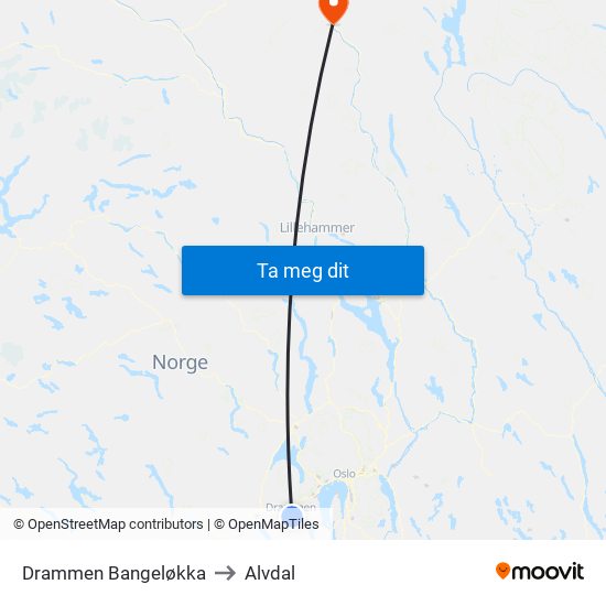 Drammen Bangeløkka to Alvdal map