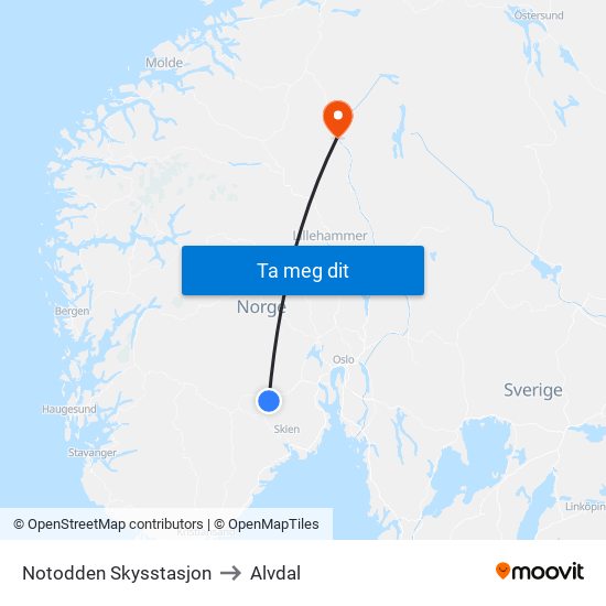 Notodden Skysstasjon to Alvdal map
